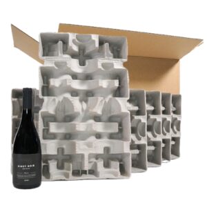 A bottle of wine in front of pulp packaging