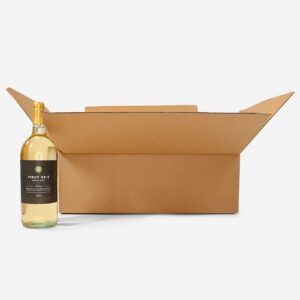 A wine bottle next to a cardboard box