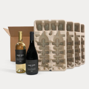 Two wine bottles in front of pulp packaging