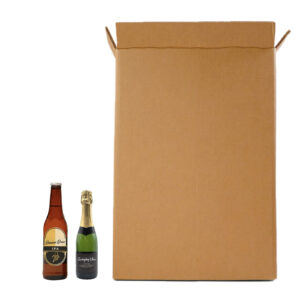 Two beer bottles next to a cardboard box