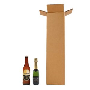 Two beer bottles next to a cardboard box