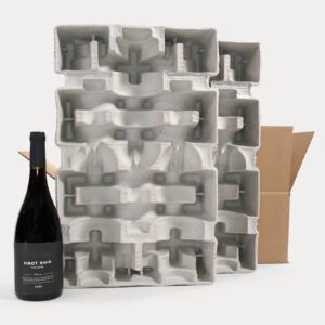 A 3-bottle wine shipping box with molded pulp inserts and a corrugated outer box. A single wine bottle is shown next to the box for scale.