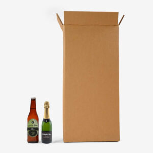 Two beer bottles next to a cardboard carton