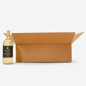 A wine bottle next to a cardboard box