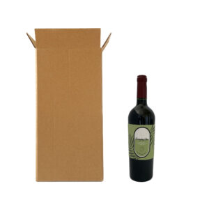 A bottle of wine next to a cardboard carton