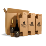 Wine bottles next to cardboard boxes