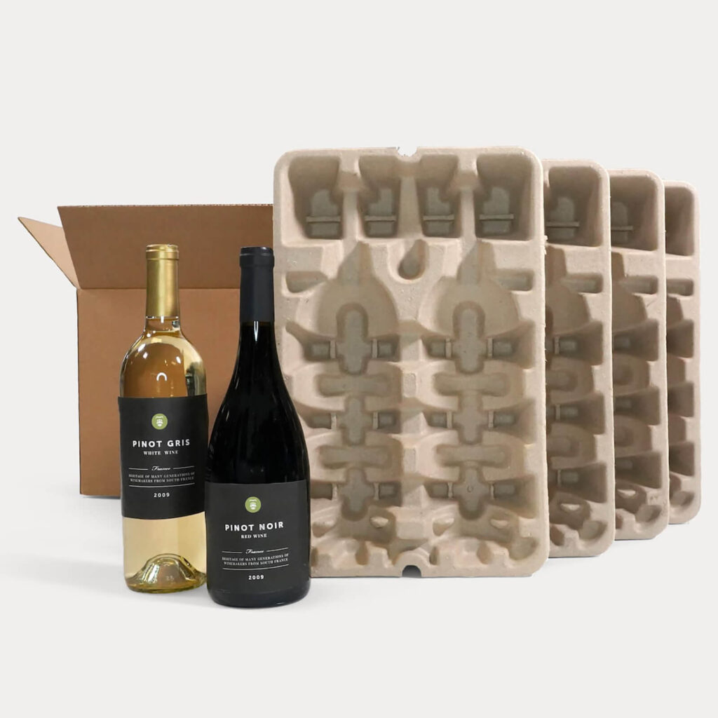 Two wine bottles in front of a pulp shipper kit