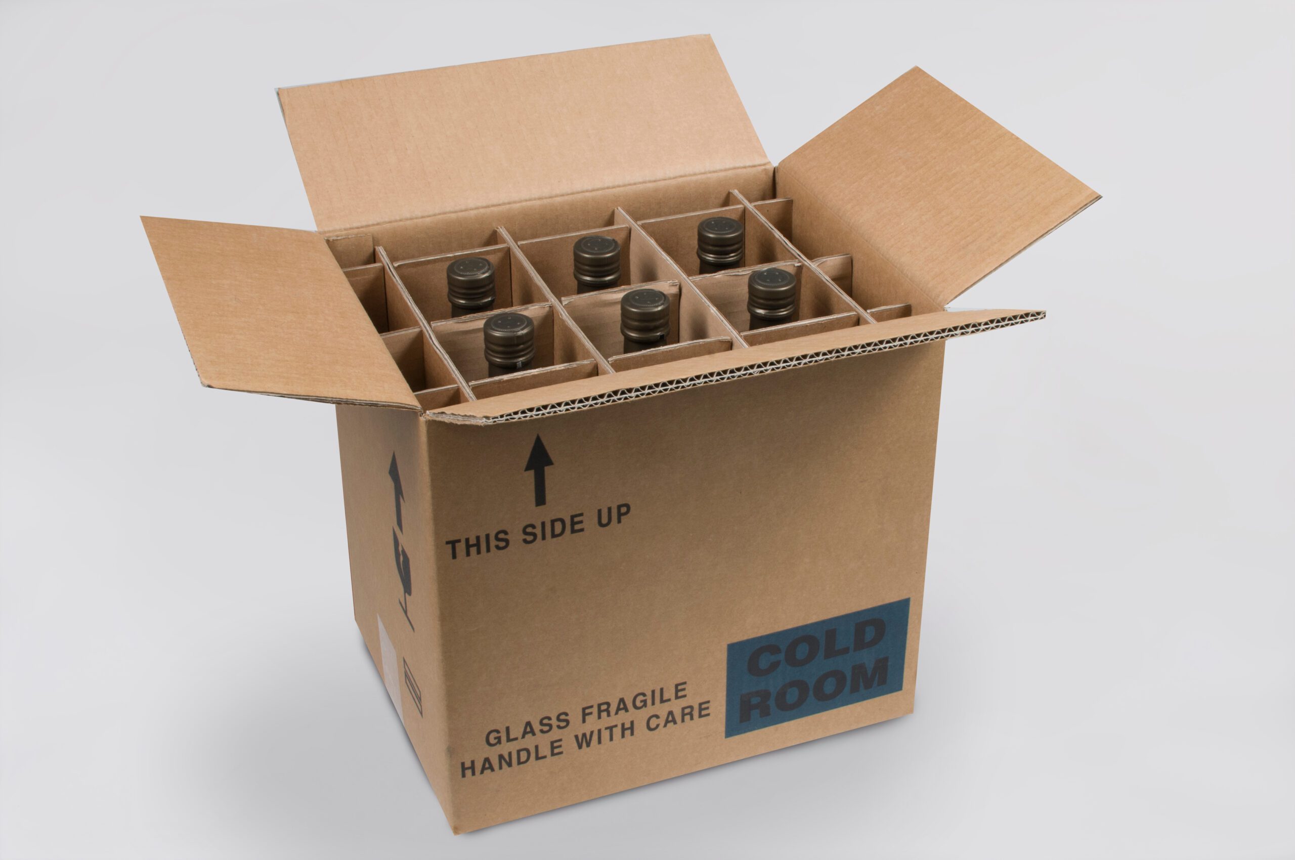 Glass bottles inside a cardboard box