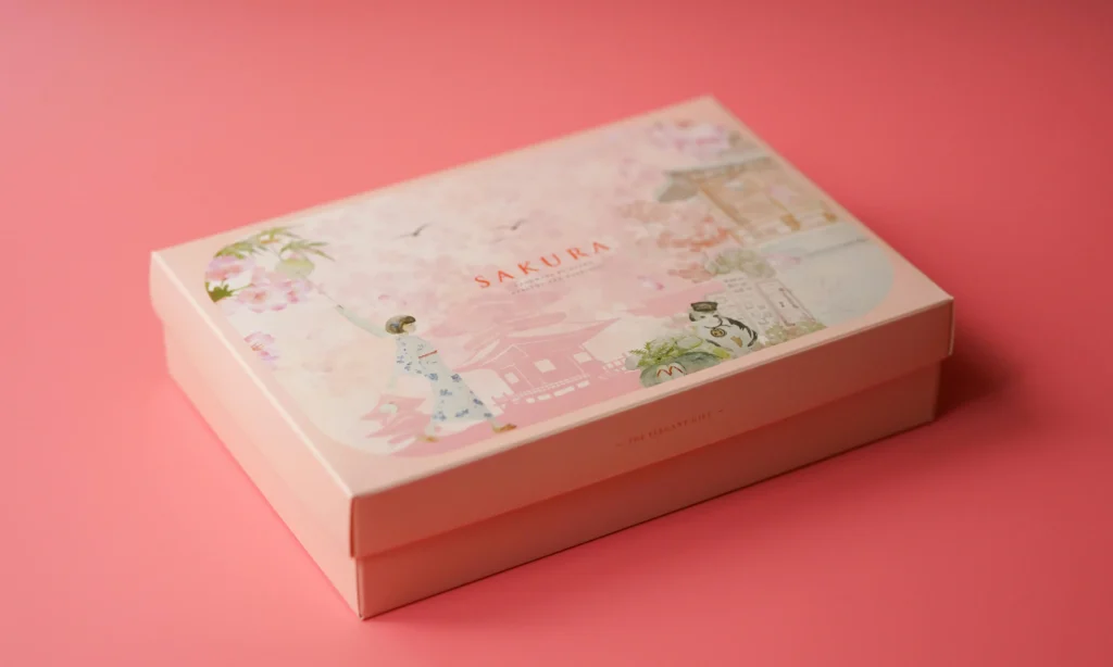 A white and pink floral print box