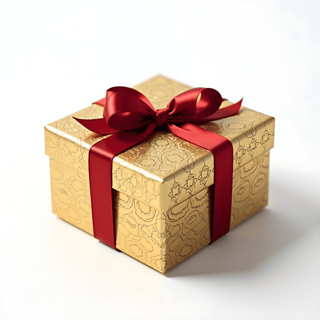 A box with an embossed design and red ribbon